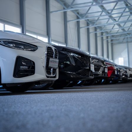 Eine Reihe von Autos in einem Ausstellungsraum geparkt, einschließlich eines weißen Autos mit einem Nummernschild, das AUTO-FEEBBED liest.