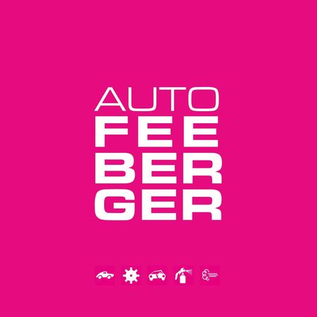 Ein rosa Hintergrund mit dem weißen Text 'AUTO FEE BERGER' und vier Symbolen darunter, die Auto, Getriebe, Feuerlöscher und Wind darstellen.