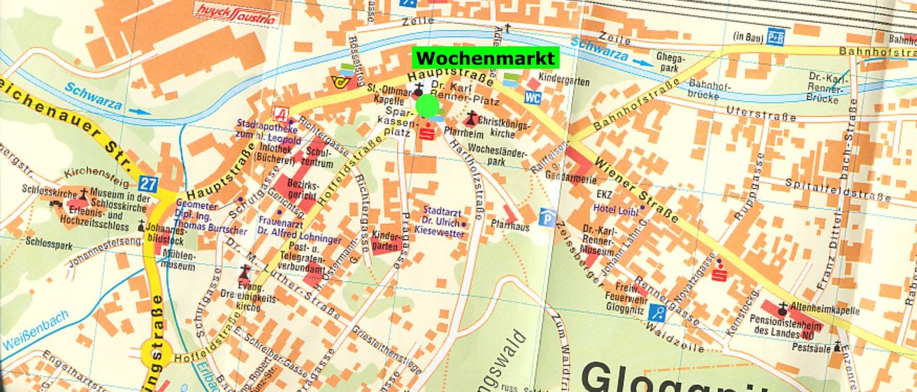 Karte, die den Standort von Wochenmarkt in Glogau zeigt. Die Karte hebt verschiedene Straßen, Wahrzeichen und Sehenswürdigkeiten rund um den Markt hervor.