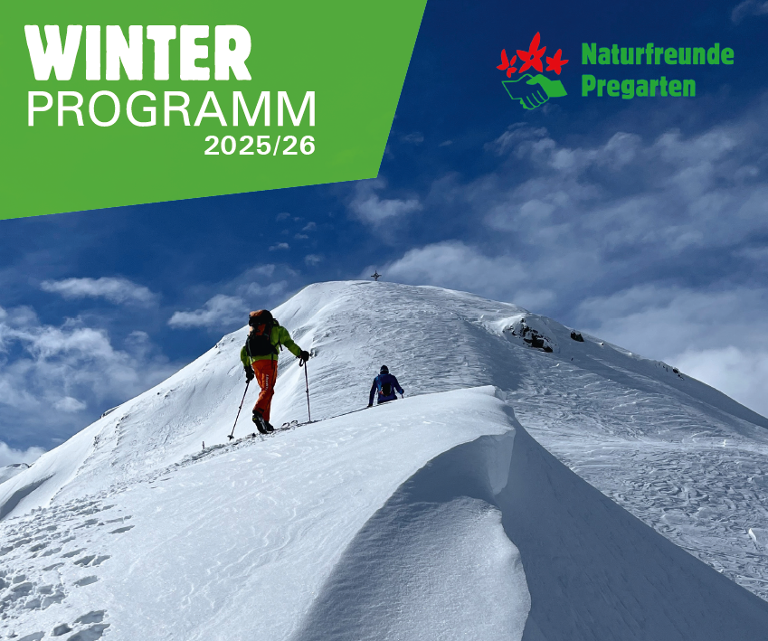 Snowy mountain peak with two skiers. The text reads 'WINTER PROGRAMM 2025/26' and a logo for 'Naturfreunde Pregarten'.