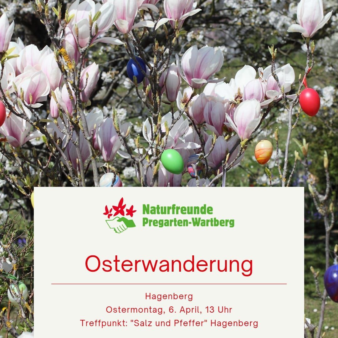 Ein Flyer für eine Osterveranstaltung in Hagenberg, Deutschland, mit farbenfrohen Ostereiern unter Magnolienbäumen. Die Veranstaltung wird von Naturfreunde Pregarten-Wartberg organisiert.