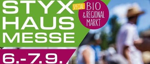 Werbeplakat für die Styx Haus Messe, einen Bio- und Regionalmarkt, das ein Familienunternehmen feiert, das sein 60-jähriges Jubiläum feiert. Die Veranstaltung findet vom 6. bis 7. September statt.