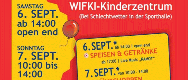 Plakat für Kinder- und Familienveranstaltungen am 6. und 7. September. Veranstaltungen umfassen ein Puppenspiel, Mini-Disco, Verkostung und Live-Musik. Der Ort ist Raiffeisengasse 7.