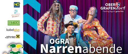 Plakat für OGRA Narrenabend-Veranstaltung. Vier Personen in bunten Kostümen. Termine: 18., 23. und 24. Januar 2026. Veranstaltungsort: Pielachtalhalle Ober-Grafendorf. Zeit: 19:19 Uhr. Tickets: Raika, Trafik Steindl, Postkasten oder Webseite.