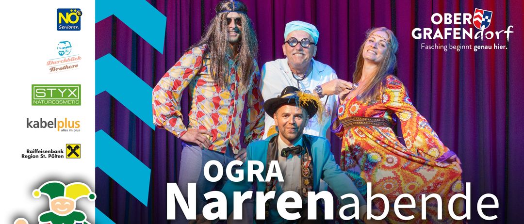 Plakat für OGRA Narrenabend-Veranstaltung. Vier Personen in bunten Kostümen. Termine: 18., 23. und 24. Januar 2026. Veranstaltungsort: Pielachtalhalle Ober-Grafendorf. Zeit: 19:19 Uhr. Tickets: Raika, Trafik Steindl, Postkasten oder Webseite.