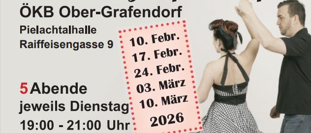 Ein Plakat für Rock n' Roll und Boogie Tanzkurse für Anfänger in Ober-Grafendorf. Fünf Termine dienstags von 19:00 bis 21:00 an bestimmten Daten. Kontaktieren Sie Charly Daxbock für Informationen und Anmeldung.