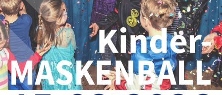 Eine Gruppe von Kindern und Erwachsenen auf einem Kinderkarneval. Das Datum 15.02.2026 und die Zeit 14:00 werden angezeigt. Der Text 'Kinder-Maskenball' ist in großen Buchstaben geschrieben.