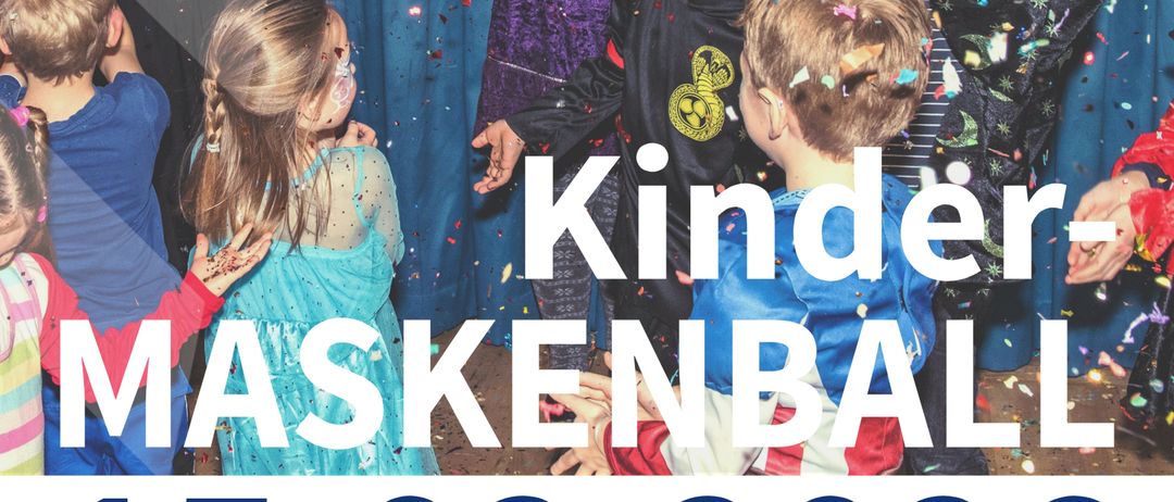 Eine Gruppe von Kindern und Erwachsenen auf einem Kinderkarneval. Das Datum 15.02.2026 und die Zeit 14:00 werden angezeigt. Der Text 'Kinder-Maskenball' ist in großen Buchstaben geschrieben.
