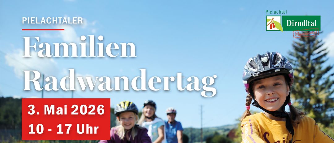 Plakat für den Familienradwandertag 2026. Vier Kinder fahren auf einem Weg mit Fahrrädern. Das Plakat enthält ein Logo, Datum und Uhrzeit.