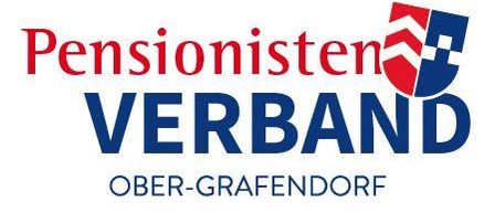 Das Logo des Pensionistenverband Ober-Grafendorf zeigt die Worte 'Pensionistenverband' in rotem und blauem Text mit einem Wappenlogo darüber. Darunter steht 'Ober-Grafendorf' in Blau.