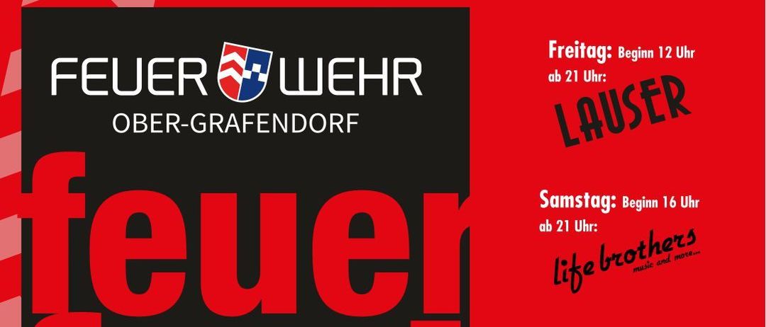 Feuerfest in Ober-Grafendorf vom 17. bis 19. April. Freitag beginnt um 12 Uhr, Samstag um 16 Uhr und endet um 18 Uhr. Webseite: ff-ober-grafendorf.at.