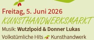 Werbeposter für den Kunsthandwerksmarkt am 5. Juni 2026 mit Logo, Datum, Musikkünstlern und Musikarten.