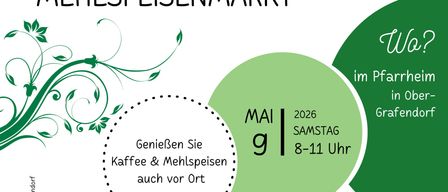 Werbeplakat für den Gemeinde-Gesundheitsmarkt, mit Einladung zum Genießen von Kaffee und Mahlzeiten vor Ort, geplant für Samstag im Mai 2026. Ein Teil des Erlöses wird einer wohltätigen Sache gespendet.