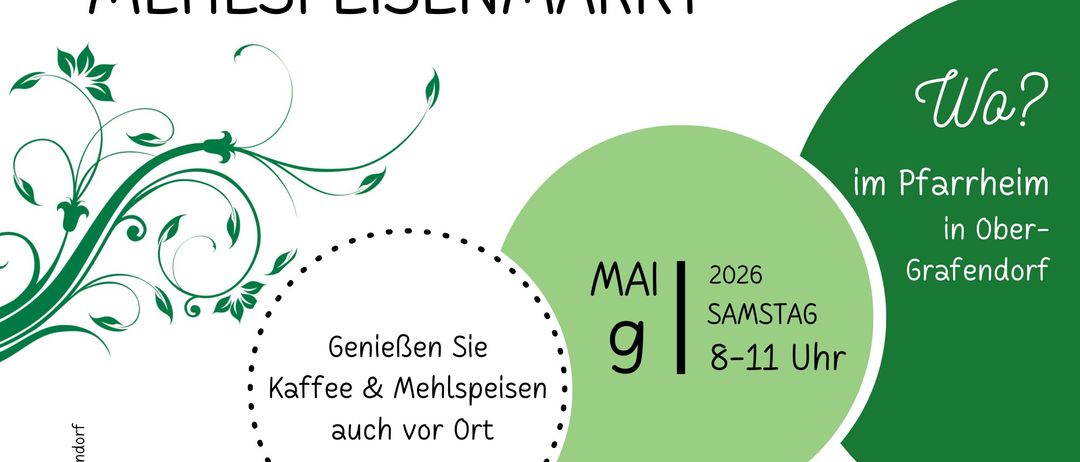 Werbeplakat für den Gemeinde-Gesundheitsmarkt, mit Einladung zum Genießen von Kaffee und Mahlzeiten vor Ort, geplant für Samstag im Mai 2026. Ein Teil des Erlöses wird einer wohltätigen Sache gespendet.