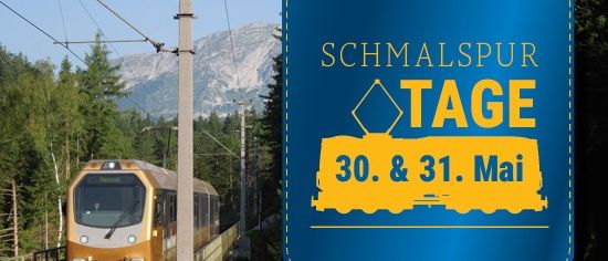 Plakat zur Feier der 115-jährigen Elektrifizierung der Mariazellerbahn mit einem Zug, Datum und Veranstaltungsdetails.