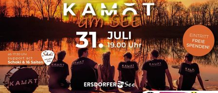 Werbeplakat für den zweiten Band von Kamot am See, mit einer Gruppe von Menschen, die auf einer Pier am See sitzen, mit einem Sonnenuntergang im Hintergrund. Datum: 31. Juli, Zeit: 19:00 Uhr.