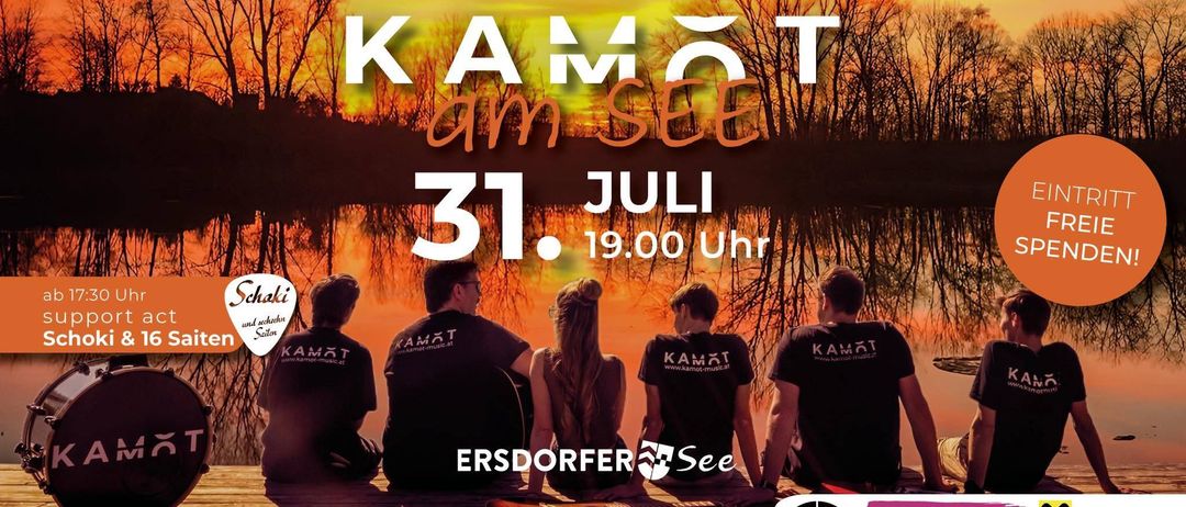 Werbeplakat für den zweiten Band von Kamot am See, mit einer Gruppe von Menschen, die auf einer Pier am See sitzen, mit einem Sonnenuntergang im Hintergrund. Datum: 31. Juli, Zeit: 19:00 Uhr.