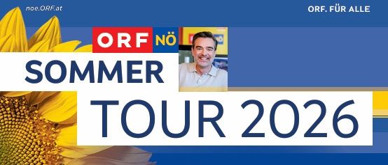 Plakat für die ORF NO Sommertour 2026 mit einer Sonnenblume und einem Mann. Die Veranstaltung findet am 14. August 2026 in Obergrafendorf statt.