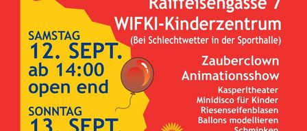 A flyer for the Kinder- und Familientage event at Raiffeisengasse 7, featuring a penguin, balloons, and a map. The event includes a magician, animation show, and various activities for children. It is open-ended on Saturday and runs from 10:00 to 14:00 on Sunday.