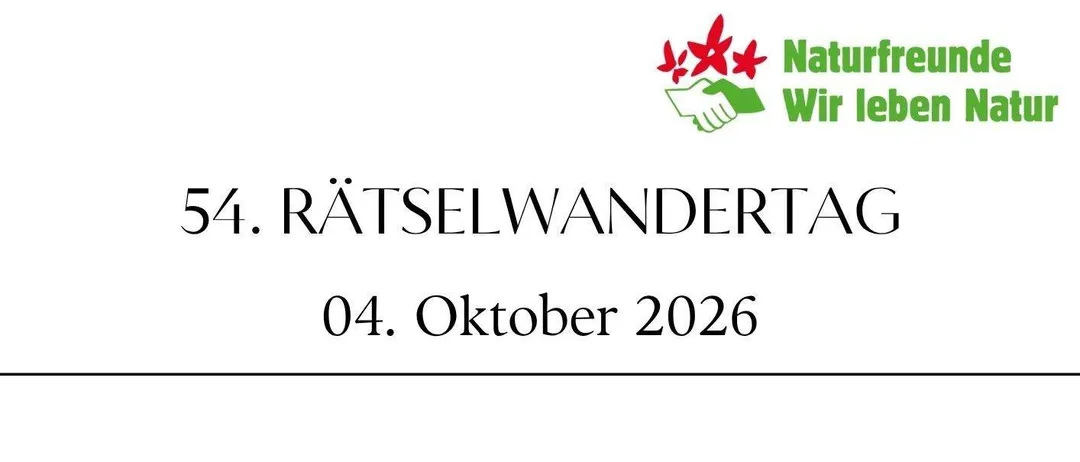 Ein Plakat für eine Wanderveranstaltung am 04. Oktober 2026. Es zeigt eine Gruppe von Wanderern im Wald, einen Rucksack auf einer Bank und eine Menschenmenge am Zielort. Details umfassen Startzeit, Route und Ziel.