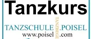 Plakat für einen Tanzkurs von Tanzschule Poisel. Es zeigt ein tanzendes Paar mit den Kursdaten und Kontaktinformationen. Das Plakat ist farbenfroh mit einem blauen und gelben Rand.