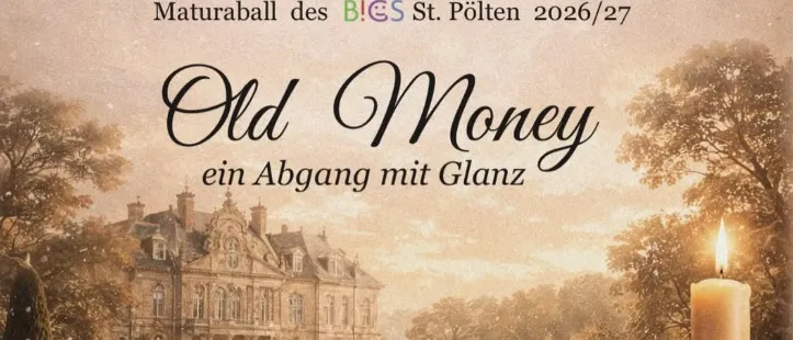 Ein elegantes Eventposter mit einer Kerze, einem Weinglas, einer Perlenkette und Vintage-Artikeln vor dem Hintergrund eines großen Herrenhauses. Der Text lautet 'Old Money' und enthält Veranstaltungsdetails.