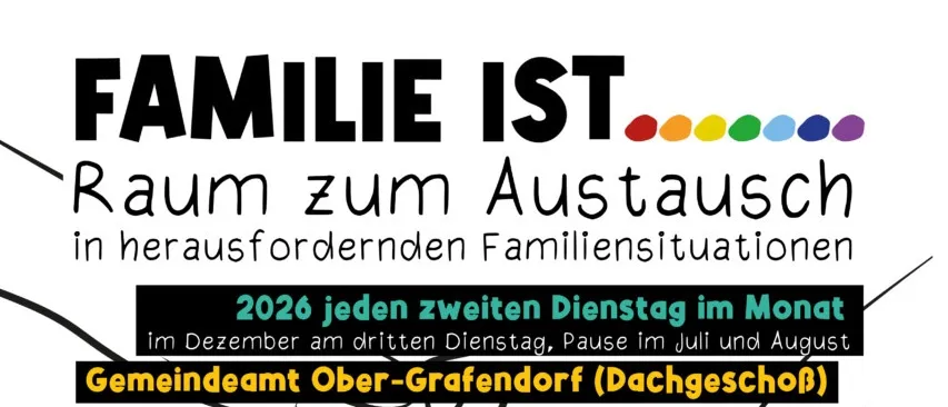 Plakat für eine Familienunterstützungsgruppe in Ober-Grafendorf, die professionelle Vorträge und Gespräche zu verschiedenen Familienthemen anbietet, die jeden zweiten Dienstag im Monat stattfinden, außer im Juli und August.
