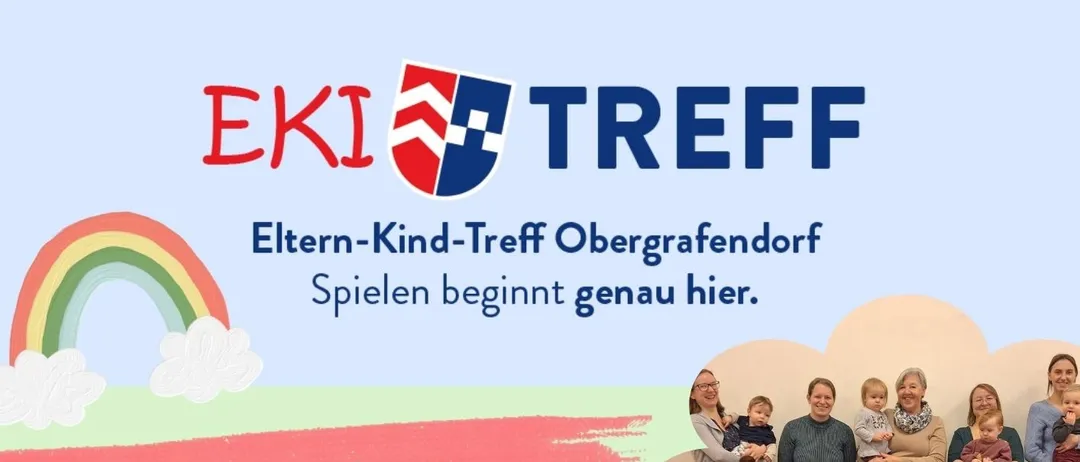 Plakat für ein Eltern-Kind-Treffen in Obergrafendorf. Es zeigt ein Gruppenfoto von Familien mit Babys und Kindern, einem Regenbogen und einem Spielbereich. Die Veranstaltung findet jeden Donnerstag von 9:00 bis 11:00 Uhr statt.