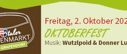Plakat für den Dirndl Taler Wochenmarkt am 2. Oktober 2026 mit einer roten Beere und dem Text 'Freitag, 2. Oktober 2026'. Die Veranstaltung beinhaltet Musik von Wutzlpoid und Donner Lukas.