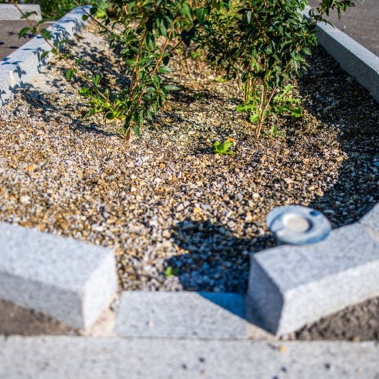 Eine Nahaufnahme eines kleinen, angelegten Gartenbeetes mit Kies gefüllt, das eine einzelne kleine Pflanze und einen dekorativen Steinrand aufweist.