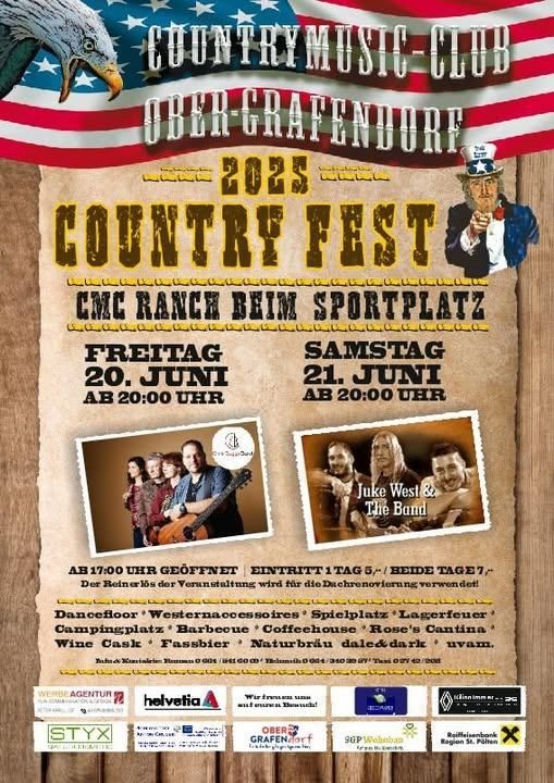 Plakat für das Country Fest 2023 mit einem Adler und einem Mann in einem patriotischen Hut. Veranstaltungen am 20. und 21. Juni, Beginn um 20 Uhr. Enthält Fotos von Bands und Attraktionen.