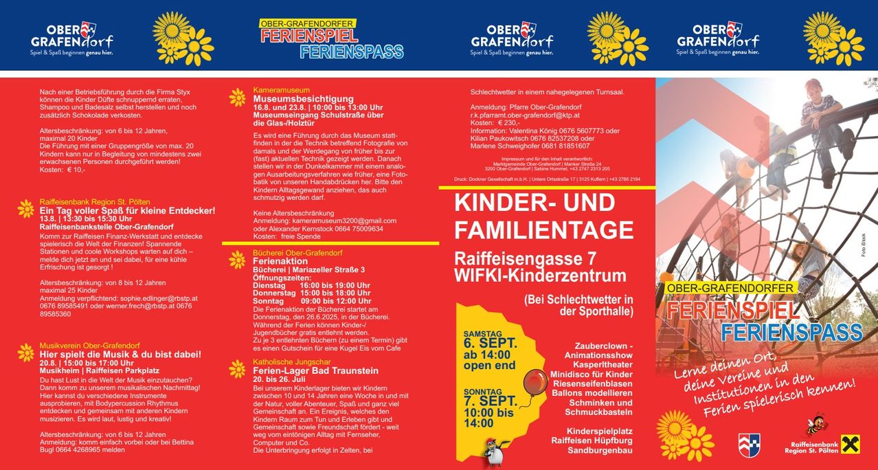 Flyer für Ober-Grafendorf Ferienspiel Pass. Bietet Museumsbesuch, Aktivitäten und Attraktionen. Datum und Uhrzeiten angegeben. Freier Eintritt. Kontaktinfo für Stornierungen. Kinder- und Familienveranstaltungen im WIFIKI Kinderzentrum.