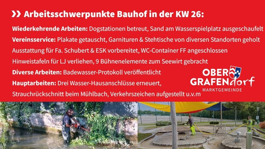 Bauhof in KW 26: Hundestationen betreut, Sand am Wasserspielplatz ausgeschachtet, Plakate gereinigt, Möbel & Stehtische von verschiedenen Standorten gesammelt, Vorbereitung für Schubert & ESK, WC-Container geschlossen, Einbaustufen für LJ verlegt, 9 Bühnenelemente in Betrieb genommen, Hauptaufgaben: Drei Wasser-Hausanschlüsse erneuert, Durchstich beim Mühlbach, Verkehrszeichen aufgestellt u.v.m.