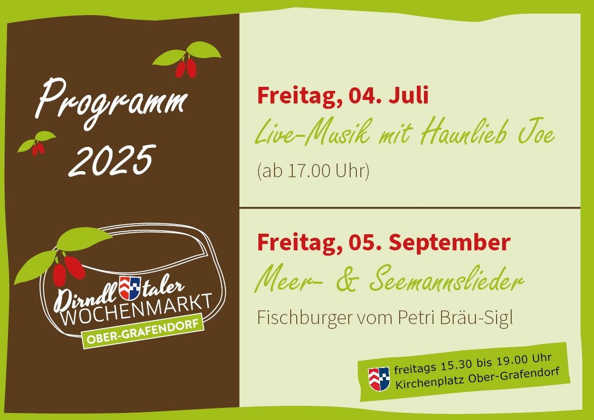 Eine Ankündigung für zwei Veranstaltungen: Freitag, 04. Juli, Live-Musik mit Haunilieb ab 17.00 Uhr. Freitag, 05. September, Fischburger von Petri Bräu.
