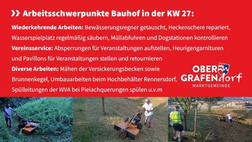 Ein Flyer beschreibt die Arbeitsschwerpunkte von Bauhof in KW 27, einschließlich regelmäßiger Aufgaben wie Wechsel von Bewässerungssystemen, Reparatur von Werkzeugen und Reinigung von Spielplätzen. Es werden auch Veranstaltungsdienste und verschiedene Aufgaben erwähnt.