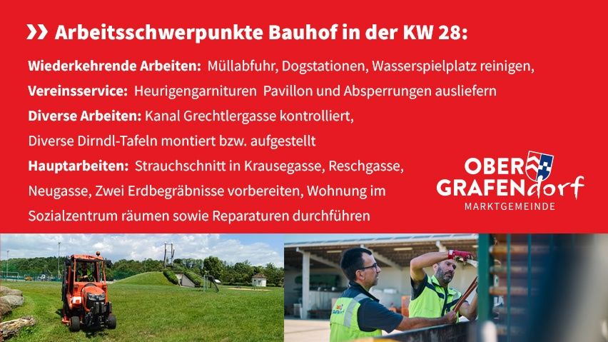 Arbeitsschwerpunkte Bauhof in der KW 28: Wiederkehrende Arbeiten, Müllabfuhr, Reinigung, Reinigungsservice, Diverse Arbeiten, Hauptarbeiten. Zwei Männer arbeiten auf einer Baustelle.