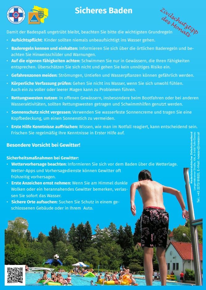 Ein Poster mit Sicherheitstipps zum Schwimmen. Ein Mann springt in einen Swimmingpool. Wichtige Schwimmsicherheitsregeln sind, Kinder niemals unbeaufsichtigt im Wasser zu lassen, die örtlichen Schwimmregeln zu kennen und einzuhalten und Wettervorhersagen zu beachten.