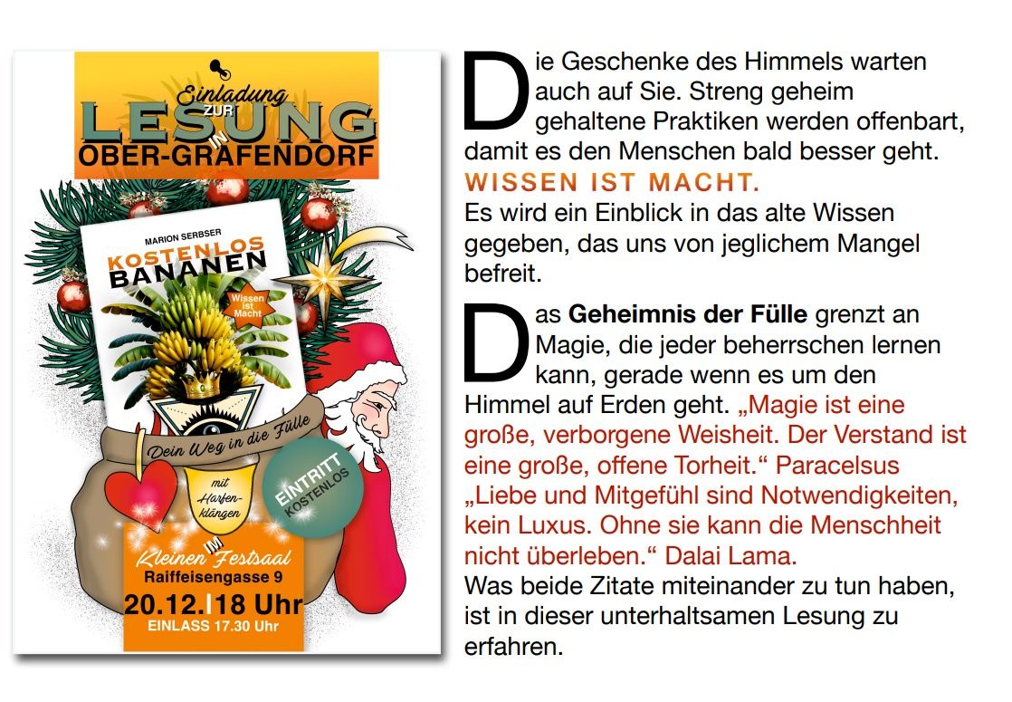 Ein Einladungsposter für eine Veranstaltung in Grafendorf, das den Weihnachtsmann mit einem Buch und einem Kranz zeigt. Der Text diskutiert die Macht des Wissens und erwähnt eine Lesung.