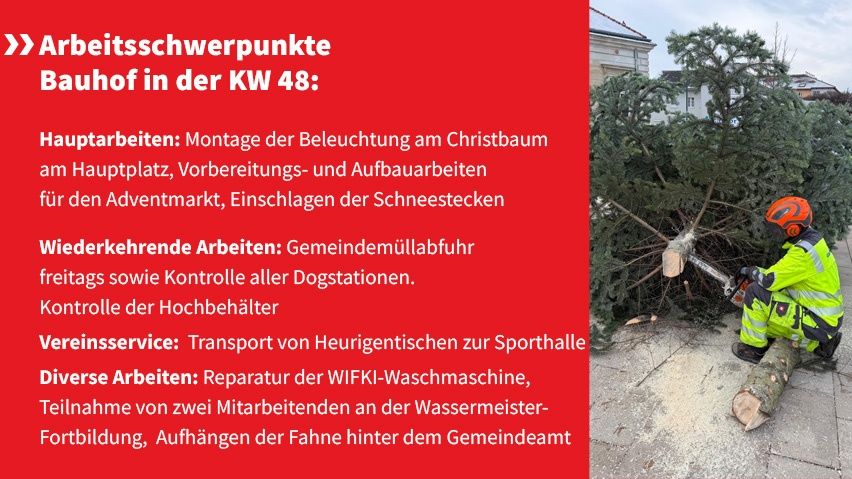 Ein Plakat bewirbt Arbeiten in der KW 48, einschließlich Baumschnitt, Straßenreinigung und Reparaturen von Geräten wie der WIFIKI-Waschmaschine.