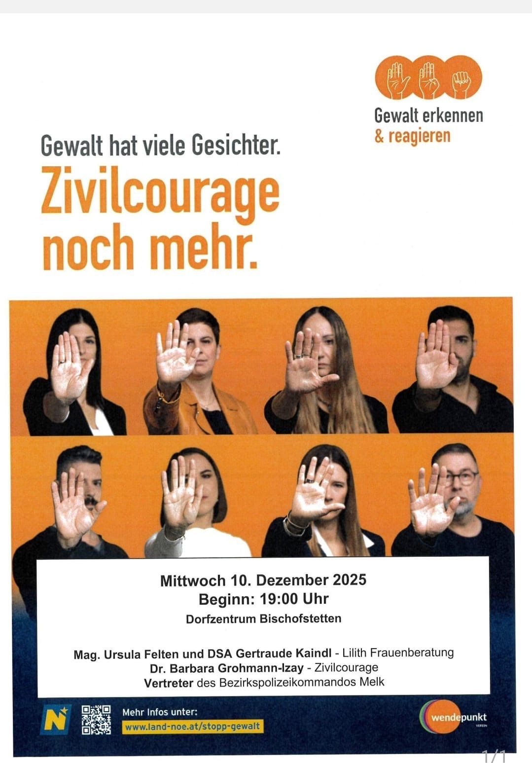 Plakat mit mehreren Gesichtern, die Handgesten zeigen. Text lautet 'Zivilcourage noch mehr.' Veranstaltungsdetails: Mittwoch, 10. Dezember 2025, 19:00, Dorfzentrum Bischofstetten.