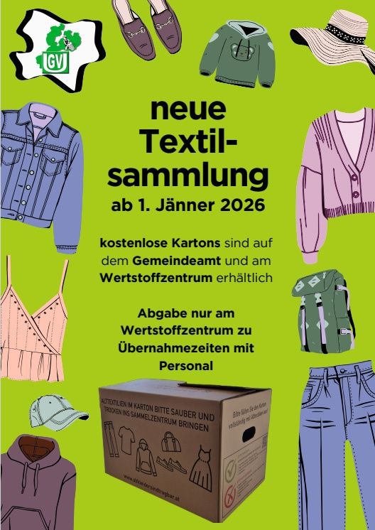 Plakat für eine neue Textilsammlung ab 1. Jänner 2026. Kostenlose Kartons im Gemeindeamt und Materialzentrum erhältlich. Abgabe nur am Materialzentrum zu Öffnungszeiten mit Personal.