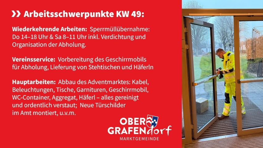 Plakat mit Arbeitsplänen für KW 49. Details zu wiederkehrenden Aufgaben, Abfallsammlung und Servicevorbereitungen. Ein Arbeiter in einer reflektierenden Weste wird beim Verlassen eines Gebäudes gezeigt.