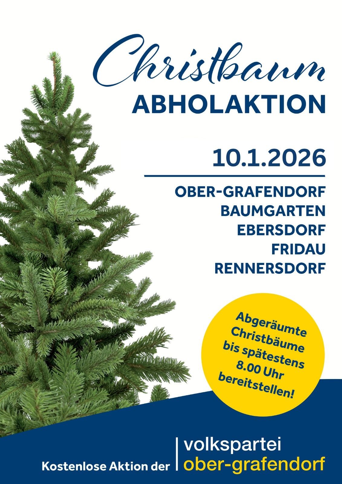 Anzeige für die Entsorgung von Weihnachtsbäumen am 10. Januar 2026. Aufgeführte Orte sind Ober-Grafendorf, Baumgarten, Ebersdorf und Freitag Rennersdorf. Bäume sind bis 20:00 Uhr vorzubereiten.