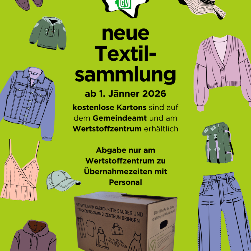 Werbeplakat für eine neue Textilsammlung ab 1. Januar 2026. Kostenlose Kartons im Rathaus und Materialzentrum erhältlich. Rückgabe nur am Materialzentrum zu Geschäftszeiten mit Personal.