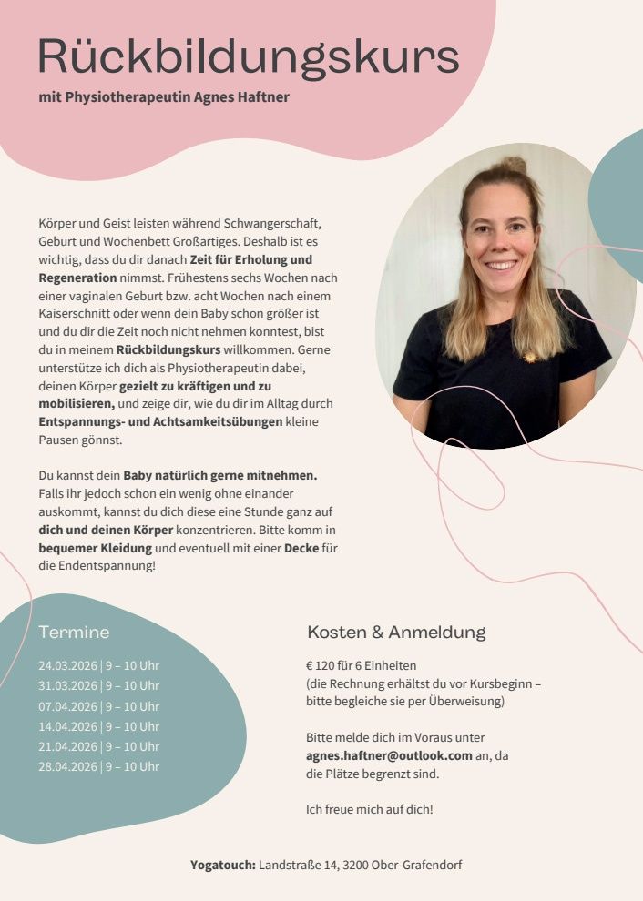 The body and mind undergo significant changes during pregnancy, childbirth, and postpartum. It is important to take time for relaxation and regeneration afterward. You are welcome in my Rückbildungskurs, where I support your body as a physiotherapist, helping you regain mobility and learning daily relaxation techniques for tension and back pain.