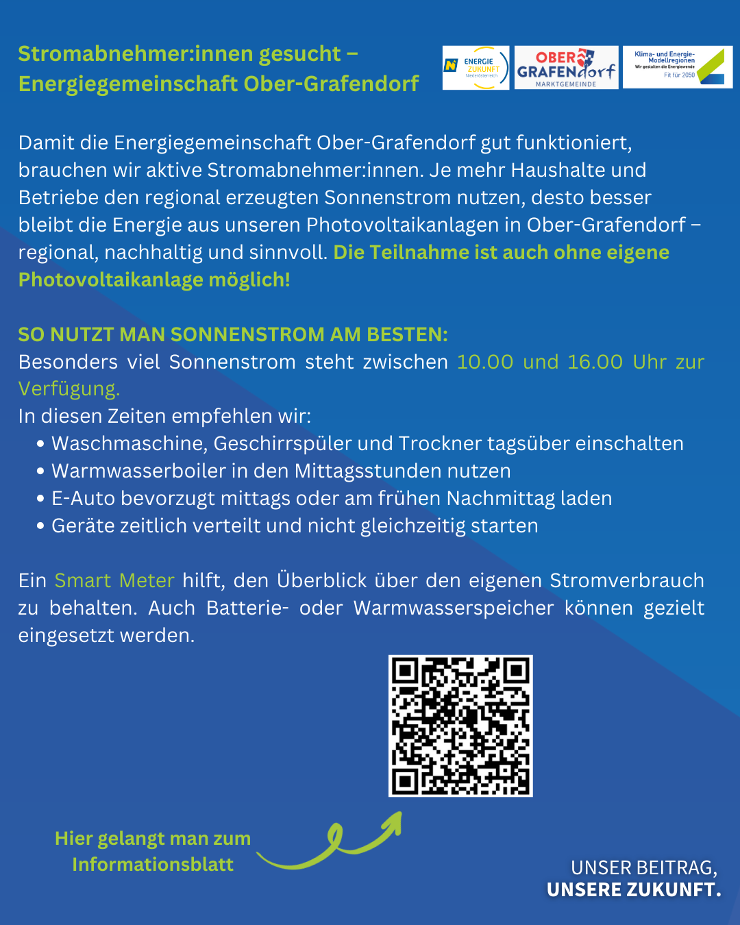 The Ober-Grafendorf energy cooperative functions with active electricity consumers. The more households and businesses use locally generated solar power, the better the energy from Ober-Grafendorf's photovoltaic systems remains regional, sustainable, and meaningful. Participation is also possible without a photovoltaic system.