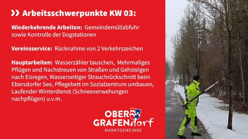 A poster lists work highlights for week 3, including community garbage collection and dog station control. Maintenance includes water meter replacement and multiple snow removals.