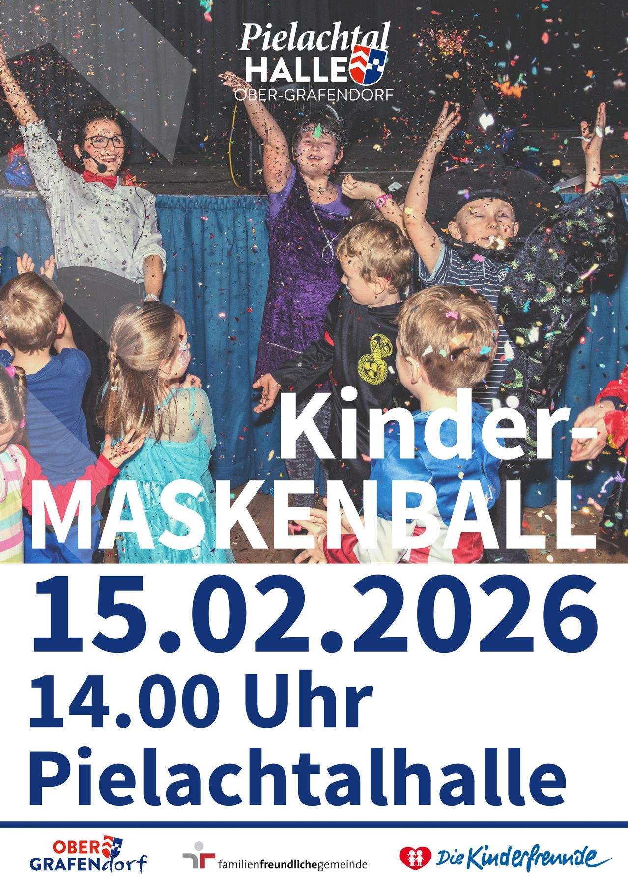 Children's mask ball event poster, dated February 15, 2026, at 2 PM. Several children are standing, some wearing masks and throwing confetti. A woman is standing in the middle.