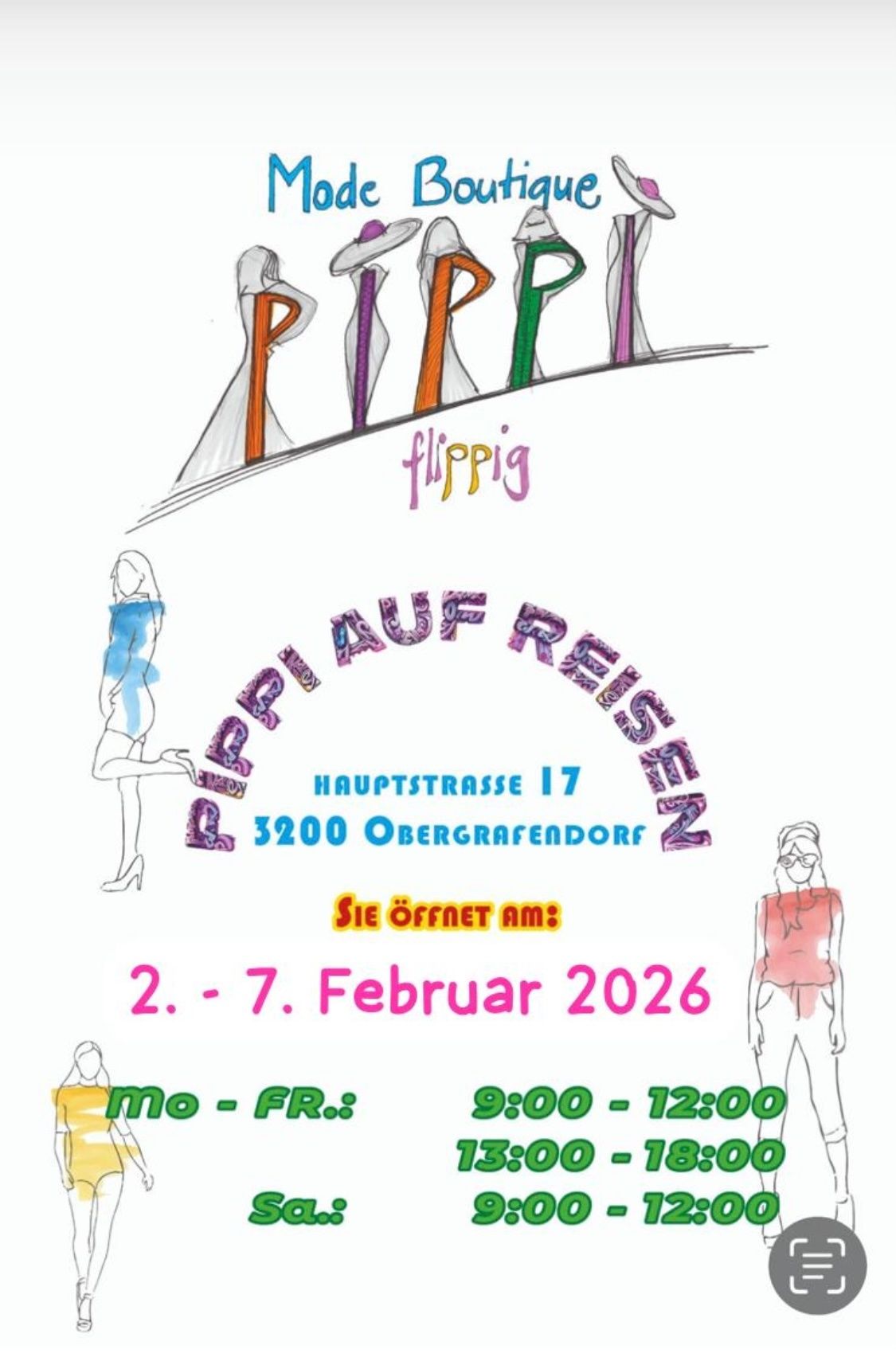 Ein Plakat für eine flippig-Veranstaltung in der Hauptstrasse 17, 3200 Obergrafendorf, geöffnet vom 2. bis 7. Februar 2026, mit Öffnungszeiten von 9:00 bis 12:00 an Wochentagen.