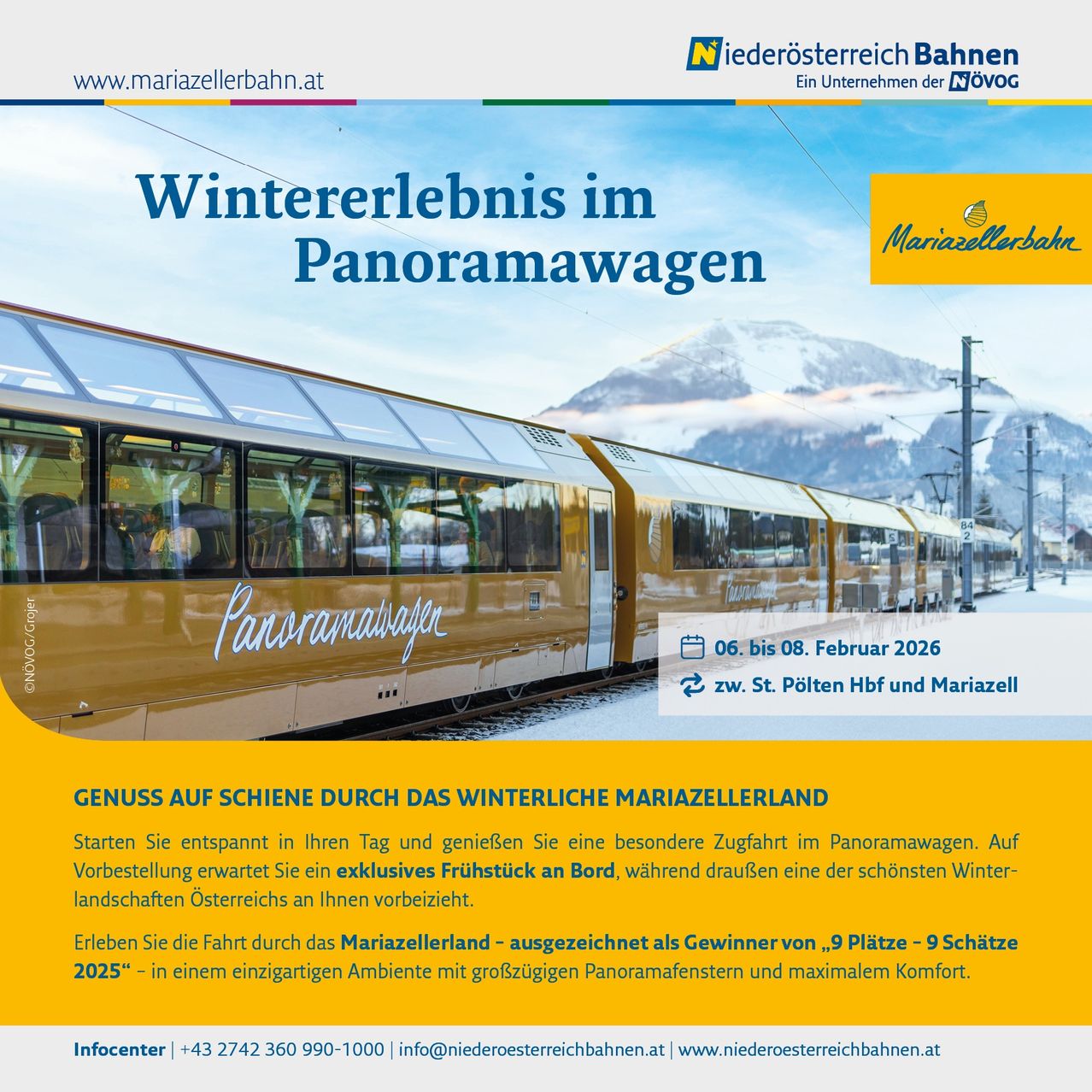Genießen Sie einen entspannten Tag und erleben Sie eine besondere Fahrt im Panoramawagen. Freuen Sie sich auf ein exklusives Frühstück an Bord, während Sie eine der schönsten Winterlandschaften Österreichs vor sich haben. Reisen Sie durch das Mariazellerland - ausgezeichnet als Gewinner von '9 Plätze - 9 Schätze 2025' - in einer einzigartigen Atmosphäre mit großzügigen Panoramafenstern und maximalem Komfort.